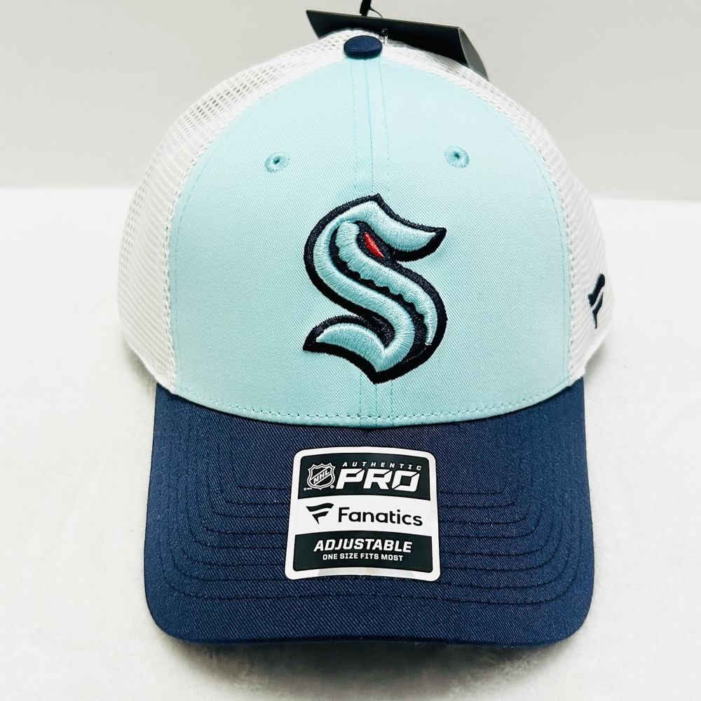 Fanatics Seattle Kraken Authentic Pro Trucker Hat Cap‎ Adjustable Snap Blue NHL - Picture 2 of 5